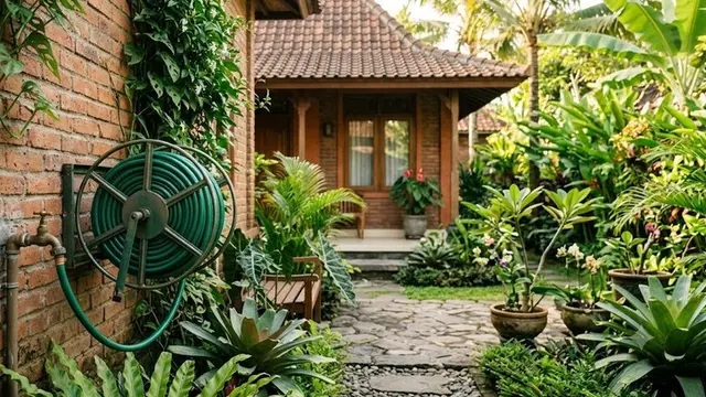 Ide Menyimpan Selang Taman agar Halaman Selalu Terlihat Rapi (AI Generated)