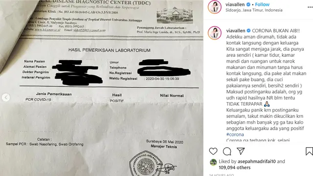 Via Vallen tunjukkan hasil pemeriksaan COVID-19