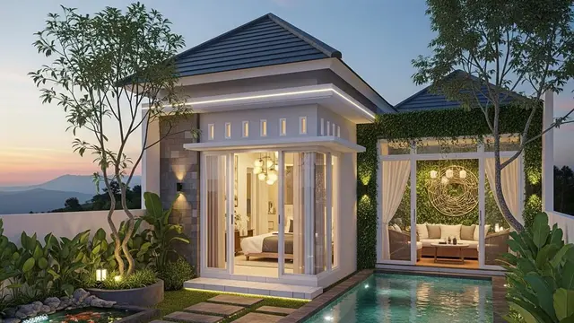 Desain Rumah Kecil Tapi Mewah Ala Villa dengan Taman Depan