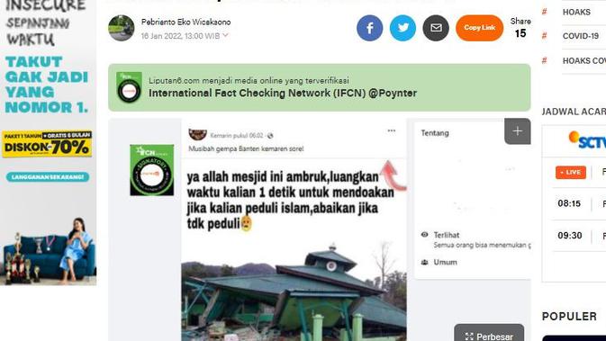 Cek Fakta Liputan6.com mendapati klaim foto dampak kerusakan gempa Banten 14 Januari 2022