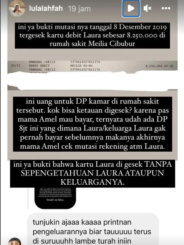 Unggahan Lula Lahfah soal mutasi kartu ATM Laura Anna. (Foto: Instagram @lulalahfah)