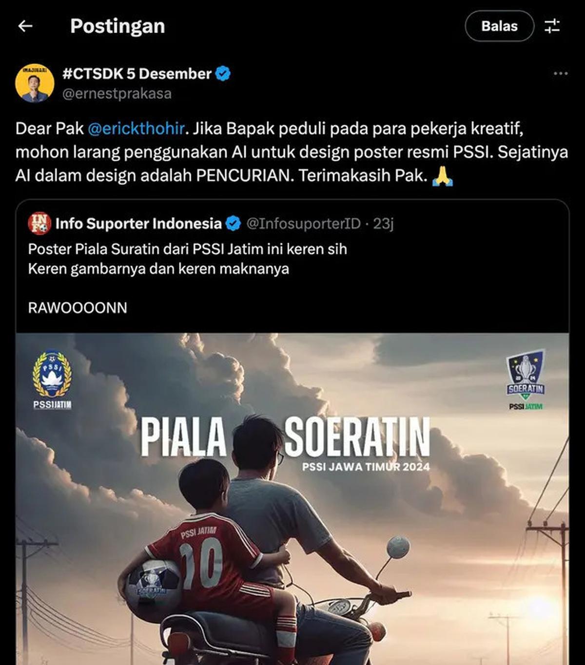 Ernest Prakasa Sentil Erick Thohir Gegara PSSI Pakai Teknologi AI buat Desain Poster, Singgung Pencurian