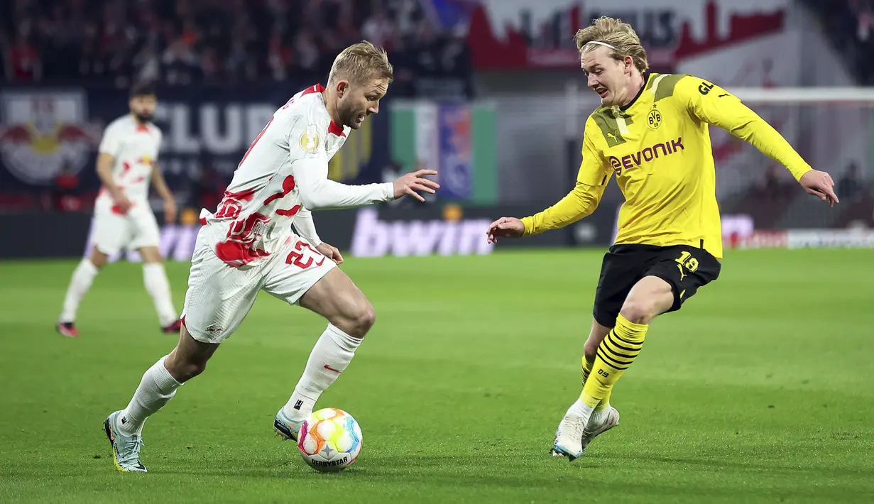Di babak kedua RB Leipzig masih dominan menguasai jalannya pertandingan. (Jan Woitas/dpa via AP)
