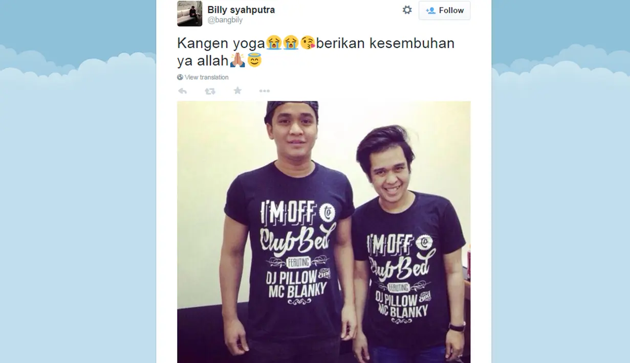 Billy memasang foto dirinya bersama Olga memakai kaos yang sama. billy mengaku kangen dan berharap kesembuhan untuk kakaknya (26/5/2014).(Twitter.com/@bangbily)