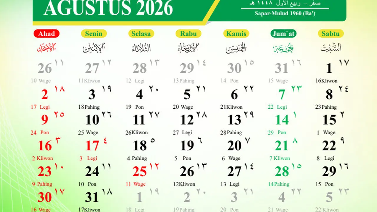 Kalender Islam Bulan Agustus 2026