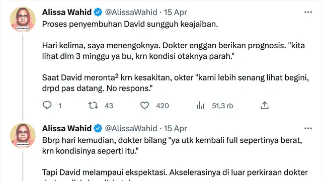 Cuitan Alissa Wahid soal kondisi David Ozora pada 15 April 2023. (Foto: Dok. Twitter @alissawahid)