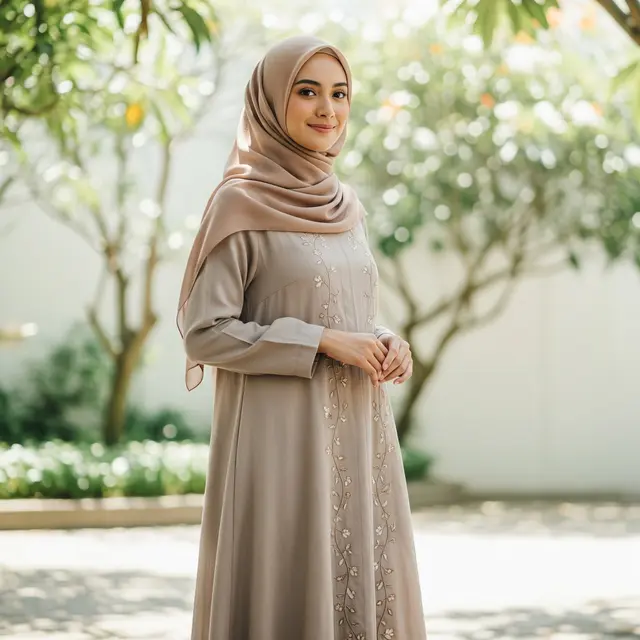 9 Model Gamis Linen Simple Warna Nude, Pilihan Busana Muslimah Modern
