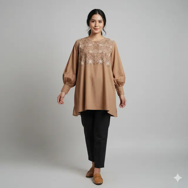 Tunik Batik Longgar Lengan Bishop Polos: Understated Elegance