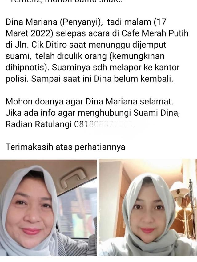 Dina Mariana Hilang Usai Manggung di Cafe, Diduga Jadi Korban Penculikan