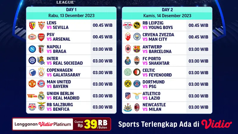 Jadwal dan Link Streaming UCL 2023 2024 Pekan Keenam di Vidio