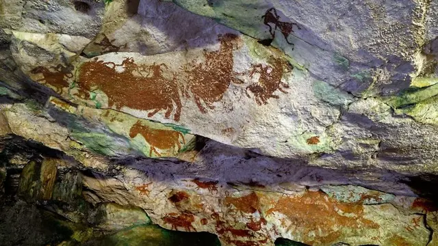 Gambar rock art atau lukisan figuratif seni cadas tertua diperkirakan berusia 67.800 tahun usai ditemukan di situs Liang Metanduno, Pulau Muna, Desa Liangkobori, Kecamatan Lohia, Kabupaten Muna, Sulawesi Tenggara. (Dokumentasi BRIN)