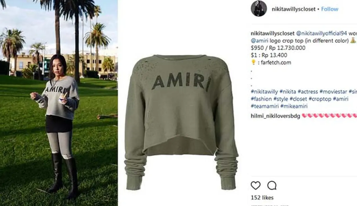 Kali ini adalah kaus lengan panjang milik Nikita yang bertuliskan ‘Amiri’. Untuk harganya, ternyata lebih dari 10 juta, dan tepatnya Rp. 12.730.000. (Instagram/nikitawillycloset)