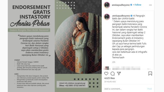 Menyambut Hari Batik Nasional, Annisa Pohan membuka endorsement gratis InstaStory untuk mendukung pelaku industri rumah tangga dan UMKM batik yang terdampak pandemi corona Covid-19. (dok. Instagram @annisayudhoyono/https://www.instagram.com/p/CFv-j2BDCIV/?hl=en)