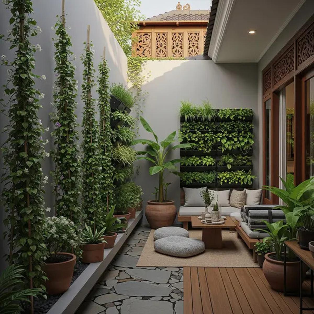 9 Model Teras Belakang Rumah dengan Tiang Tanaman Salur yang Instagramable 2025