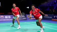 Ganda putra Indonesia Fajar Alfian/Muhammad Shohibul Fikri menang atas pasangan Prancis Christo Popov/Toma Junior Popov 21-18, 19-21, dan 21-11 pada partai kelima Grup D Piala Thomas 2026 di Forum Horsens, Denmark, Rabu (29/4) dini hari. (foto: PBSI)
