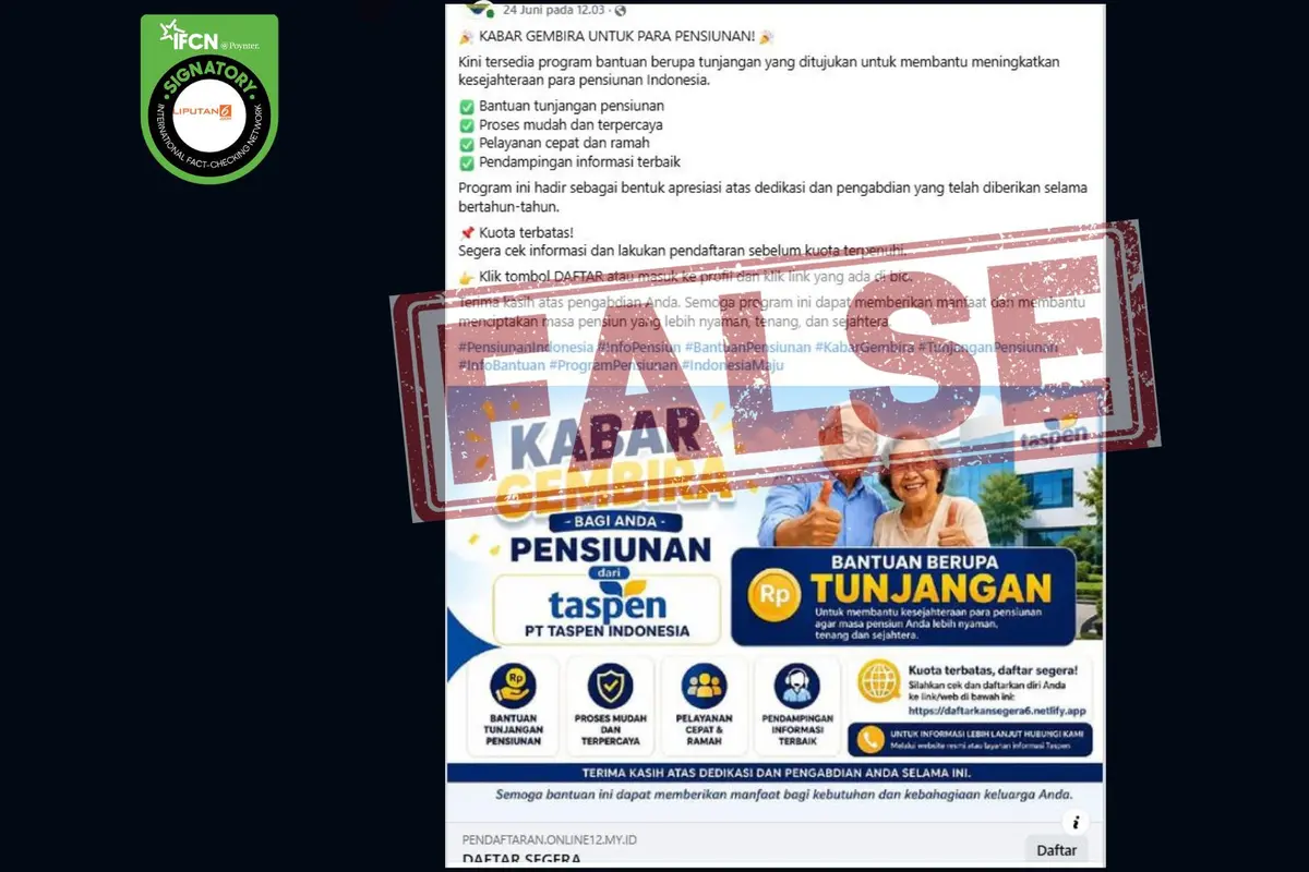 Tangkapan layar hoaks bantuan pensiunan yang beredar di media sosial.