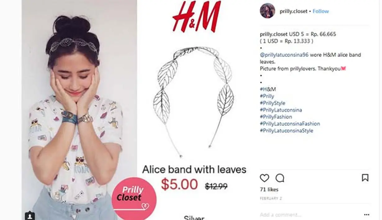 Begitu juga dengan bando, hiasan di kepalanya yang membuat penampilan Prilly semakin anggun. Untuk memiliki item fashion yang satu ini, cukup mengeluarkan uang senilai Rp 66.655. (Instagram/prilly.closet)