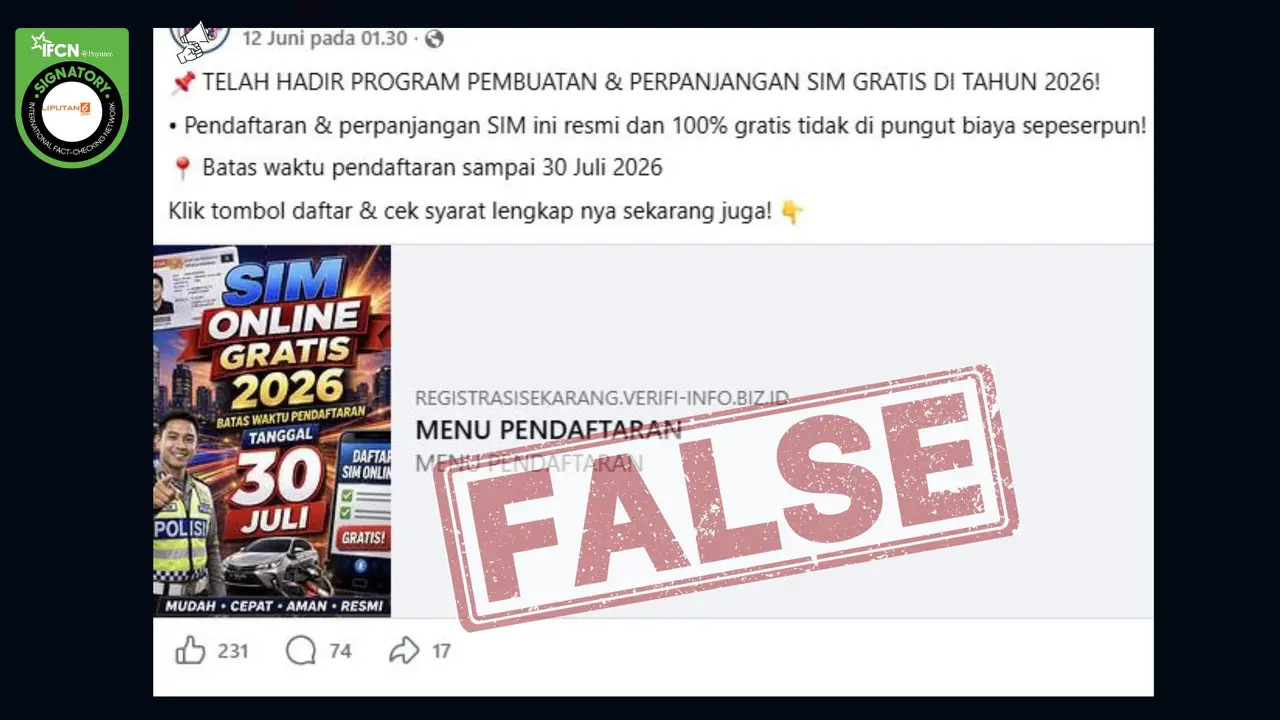 Cek Fakta Liputan6.com menangkap layar klaim link pendaftaran program pembuatan dan perpanjangan SIM gratis sampai 30 Juli 2026.