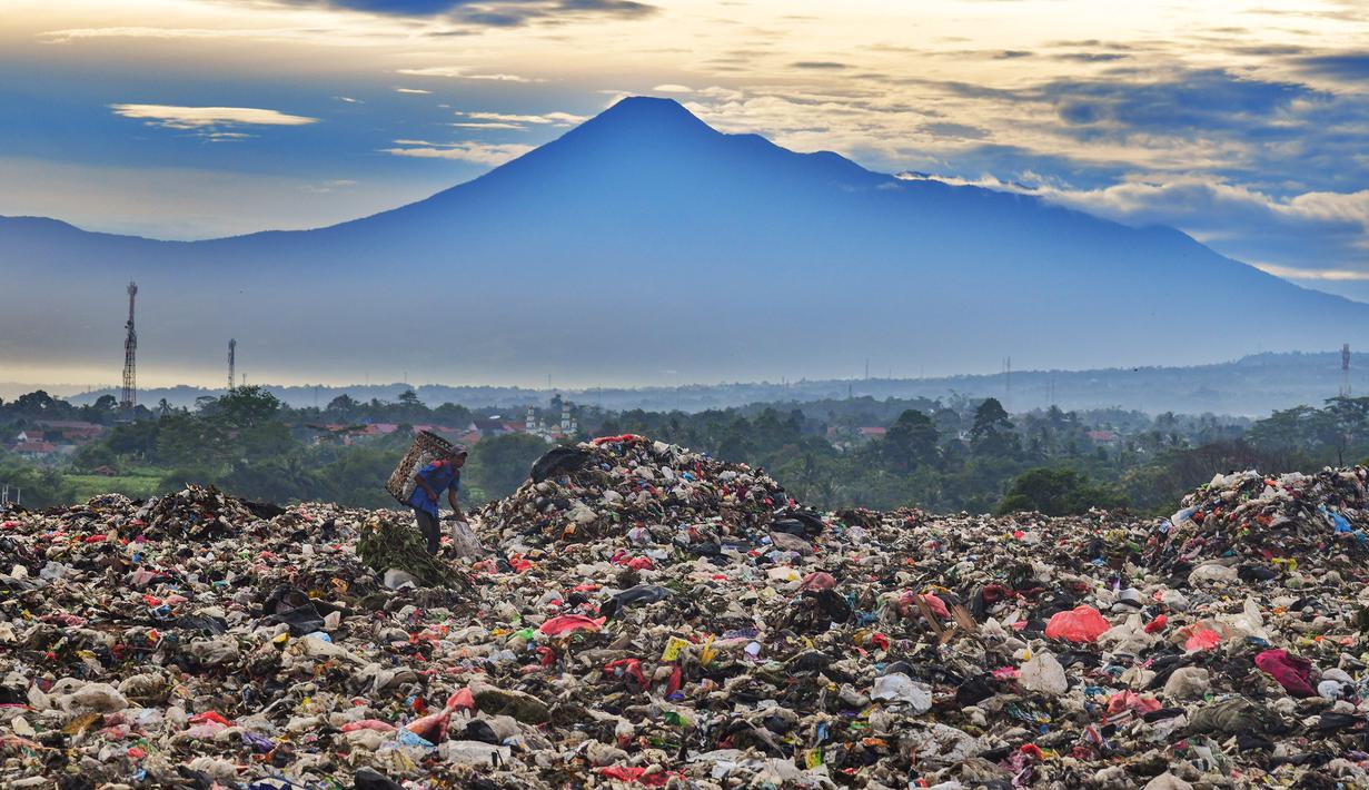 Warga yang berprofesi sebagai pemulung mengumpulkan sampah plastik dengan latar belakang Gunung Gede-Pangrango di Tempat Pembuangan Akhir Galuga, Bogor, Kamis (6/11/2025). Kementerian Lingkungan Hidup dan Kehutanan (KLHK) mendorong Tempat Pembuangan Akhir (TPA) sampah, khususnya yang berada di wilayah Jabodetabek dan masih menggunakan sistem open dumping, untuk segera melakukan penutupan tumpukan sampah (capping), atau beralih ke sistem yang lebih ramah lingkungan seperti lahan urug terkendali (controlled landfill) atau lahan urug saniter (sanitary landfill). (merdeka.com/Arie Basuki)