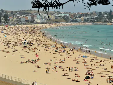 Suasana pantai Bondi ketika suhu udara panas meningkat di Sydney (21/12/2019). Australia pekan ini mengalami rekor hari terpanasnya yang tercatat dalam sejarah dan gelombang panas diperkirakan akan terus meningkat. (AFP/Farooq Khan)