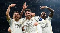 Pemain Real Madrid merayakan gol yang dicetak oleh Federico Valverde ke gawang Manchester City pada laga leg pertama babak 16 besar Liga Champions di Stadion Santiago Bernabeu (12/3/2026). (AP Photo/Jose Breton)