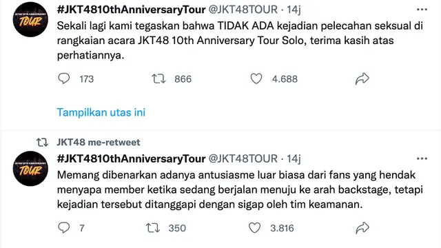 Klarifikasi pihak JKT48 soal isu pelecehan seksual terhadap member saat manggung di Solo Baru. (Foto: Dok. Twitter @JKT48)