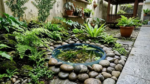 Kolam Mini dari Galon Bekas yang Dipadukan Mini Garden (AI Generated)