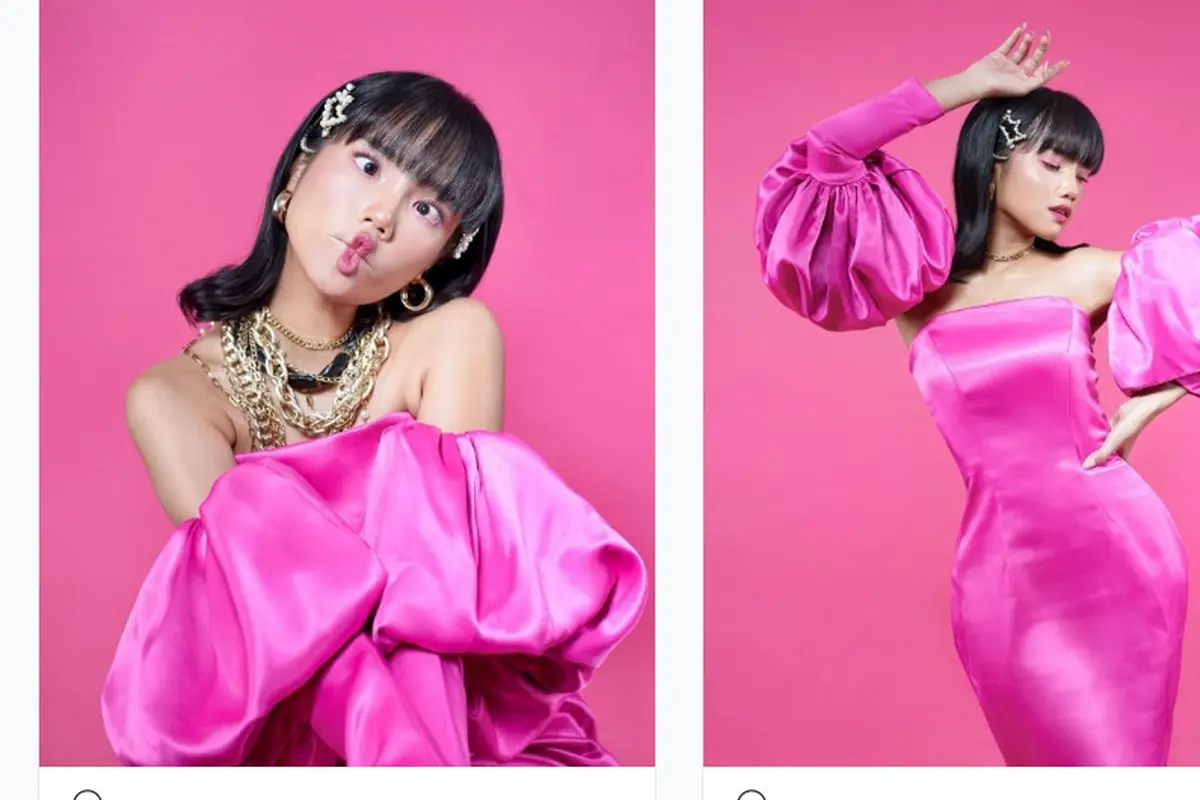 Pemotretan Fuji memakai dress shocking pink (Foto: Instagram fuji_an)