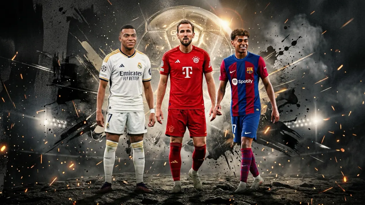 Ilustrasi Kylian Mbappe, Harry Kane, Lamine Yamal, Ballon d'Or 2026