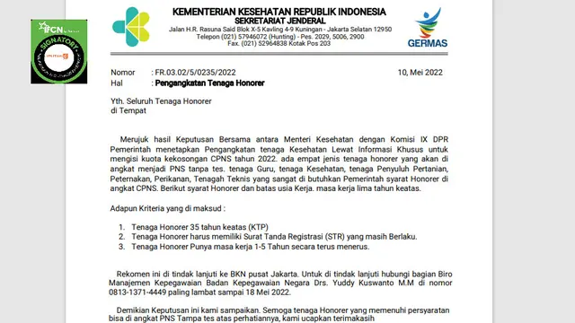 Penelusuran informasi surat pengangkatan tenaga honorer Kementerian Kesehatan