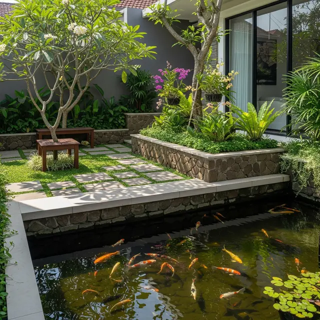 Inspirasi Kolam Ikan Keluarga yang Minim Risiko Terpeleset (AI)