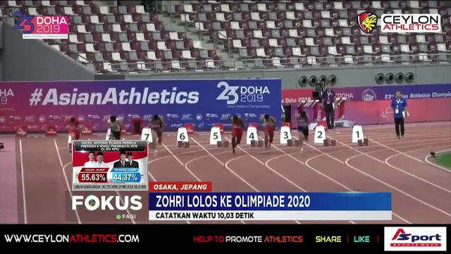 Finis posisi ketiga di lari 100 meter putra Golden Grand Prix Osaka 2019, Lalu Muhammad Zohri dipastikan lolos kualifikasi Olimpiade Tokyo 2020.