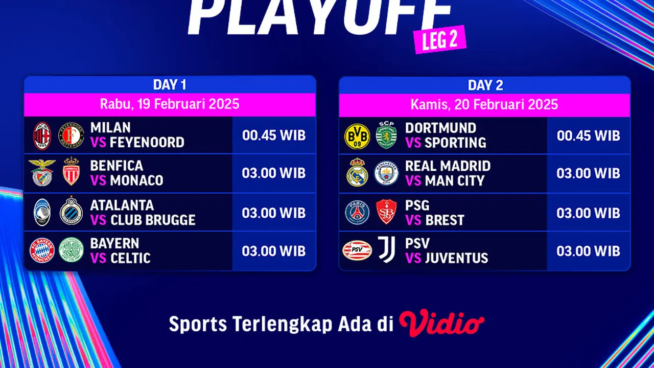 Jadwal Siaran Langsung Liga Champions 2024/25 Babak Play-off Leg Kedua di Vidio