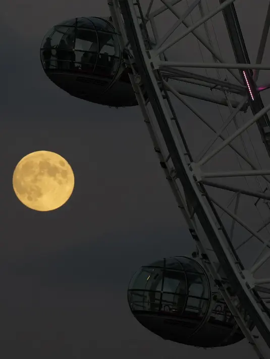 Bulan purnama terakhir tahun ini yang dikenal sebagai Bulan Dingin terbit di sebelah kapsul bianglala London Eye di London, Rabu (7/12/2022). Bulan purnama Desember juga akan berada di atas cakrawala lebih lama dari kebanyakan Bulan purnama, karena lintasannya yang lebih tinggi di langit. (AP Photo/Alastair Grant)