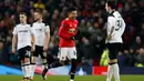 Penyerang Manchester United, Jesse Lingard melakukan selebrasi usai mencetak gol ke gawang Derby County pada babak tiga Piala FA di Old Trafford, Inggris (5/1). MU menang 2-0 atas Derby County. (Martin Rickett/PA via AP)