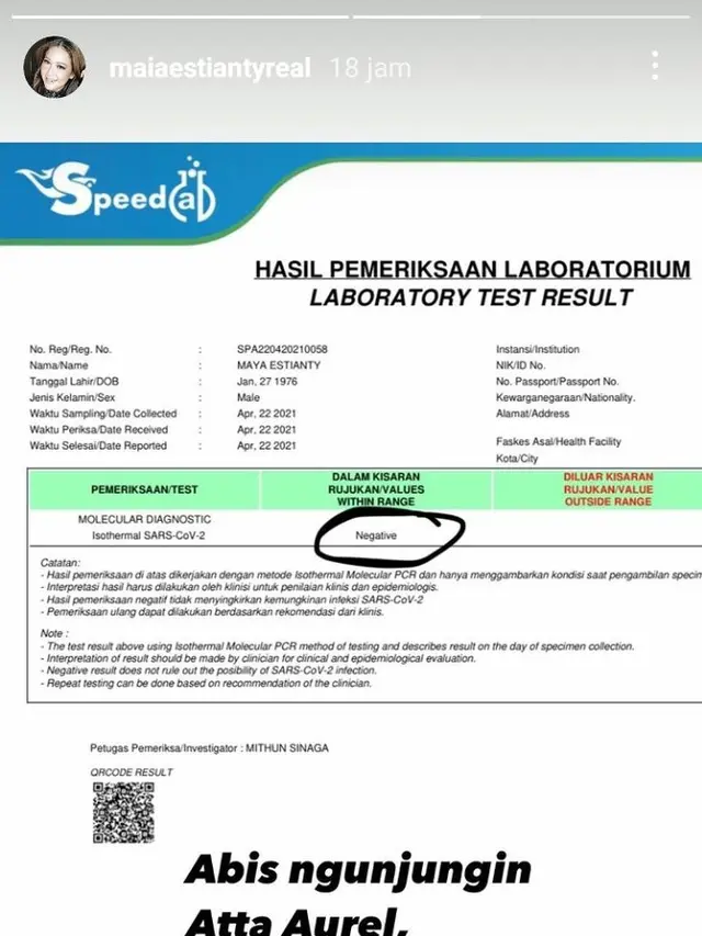 Hasil tes swab Maia Estianty