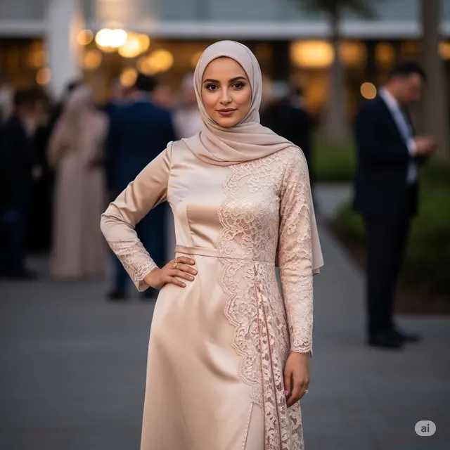 Gamis Brokat Kombinasi Satin Potongan Belahan