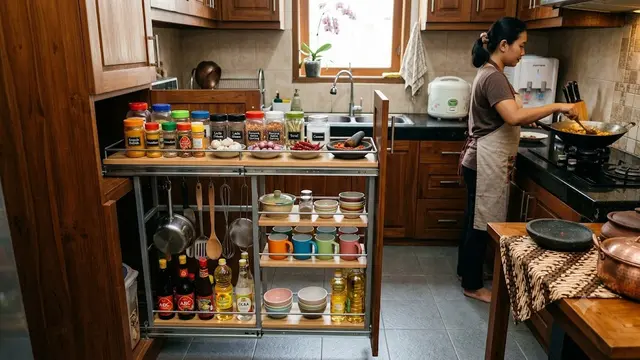 Ide Dapur dengan Rak Piring Tarik dan Tempat Bumbu Tersembunyi