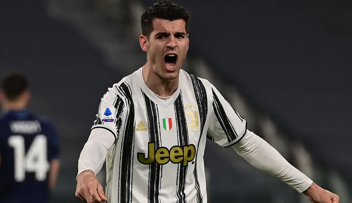 Selebrasi striker Juventus, Alvaro Morata setelah mencetak gol ke gawang Lazio pada laga Liga Italia 2020/2021 di Juventus Stadium, Turin (6/3/2021). Juventus menjadi satu-satunya klub yang pernah dibela Alvaro Morata di Liga Italia dalam dua periode. Jumlah gol terbanyak dicetaknya pada musim 2020/2021 dengan 11 gol, berselisih jauh dengan dua top skor, Mauro Icardi dan Ciro Immobile dengan 29 gol. (AFP/Miguel Medina)