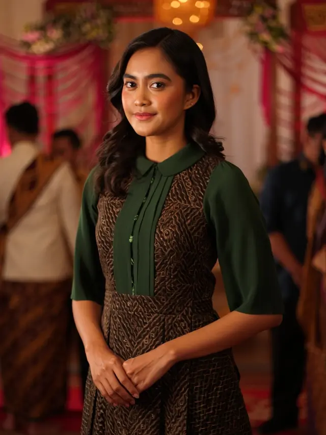 Dress Batik Modern Kerah Bulat Kombinasi Kain Polos Elegan 2025
