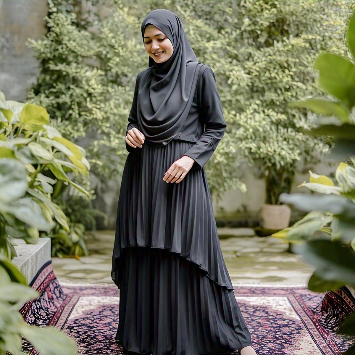 Gamis Hitam Polos dengan Rok yang Berlapis