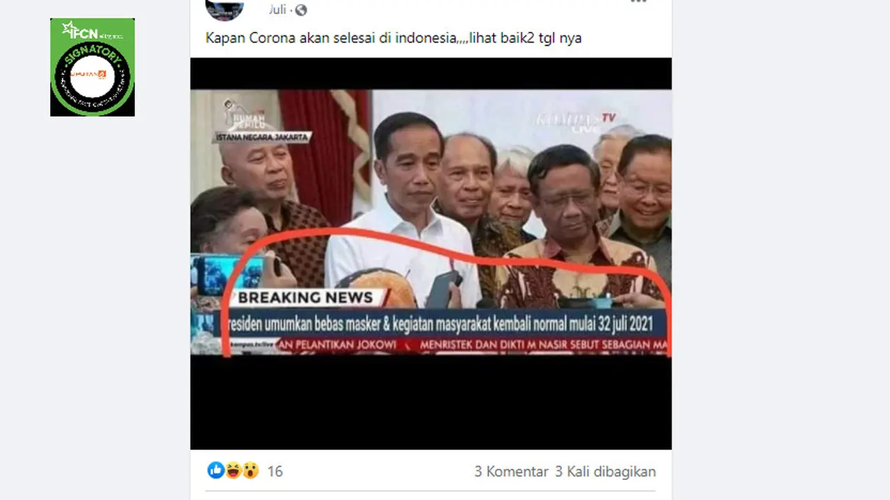 Cek Fakta Liputan6.com menelusuri klaim foto Presiden Jokowi umumkan bebas masker dan kegiatan masyarakat kembali normal