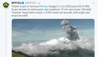 Erupsi Merapi 21 Juni 2020. (Foto: Liputan6.com/tangkapan layar Twitter BPPTKG)