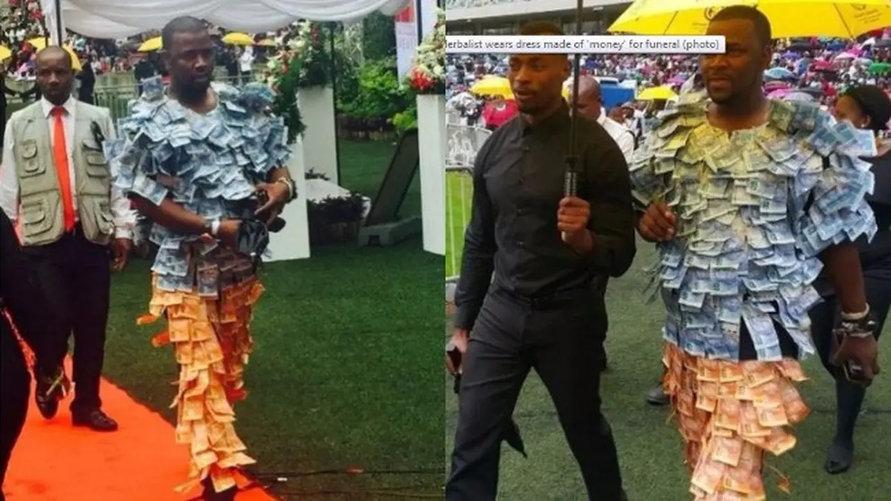Jadi Tajir, Dukun Afrika Pamer Kekayaan dengan Baju Berbalut Uang