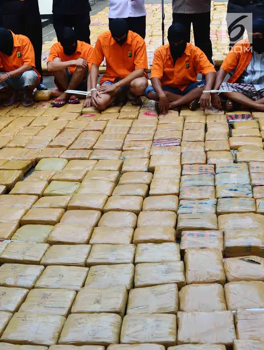 Tersangka dan barang bukti narkoba jenis ganja diperlihatkan saat rilis di Polda Metro, Jakarta, Senin (30/7). Sebanyak 1.434 kg ganja jaringan Aceh-Jakarta-Bogor diamankan petugas berikut 6 orang tersangka. (Merdeka.com/Arie Basuki)