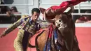Aksi matador asal Spanyol, Morenito de Aranda saat The Easter Feria di Arles, Perancis, Senin (18/4). Total pengunjung mencapai 500 ribu orang dimana 50 ribu diantaranya benar-benar penggemar fanatik adu banteng. (AFP PHOTO/BERTRAND LANGLOIS)