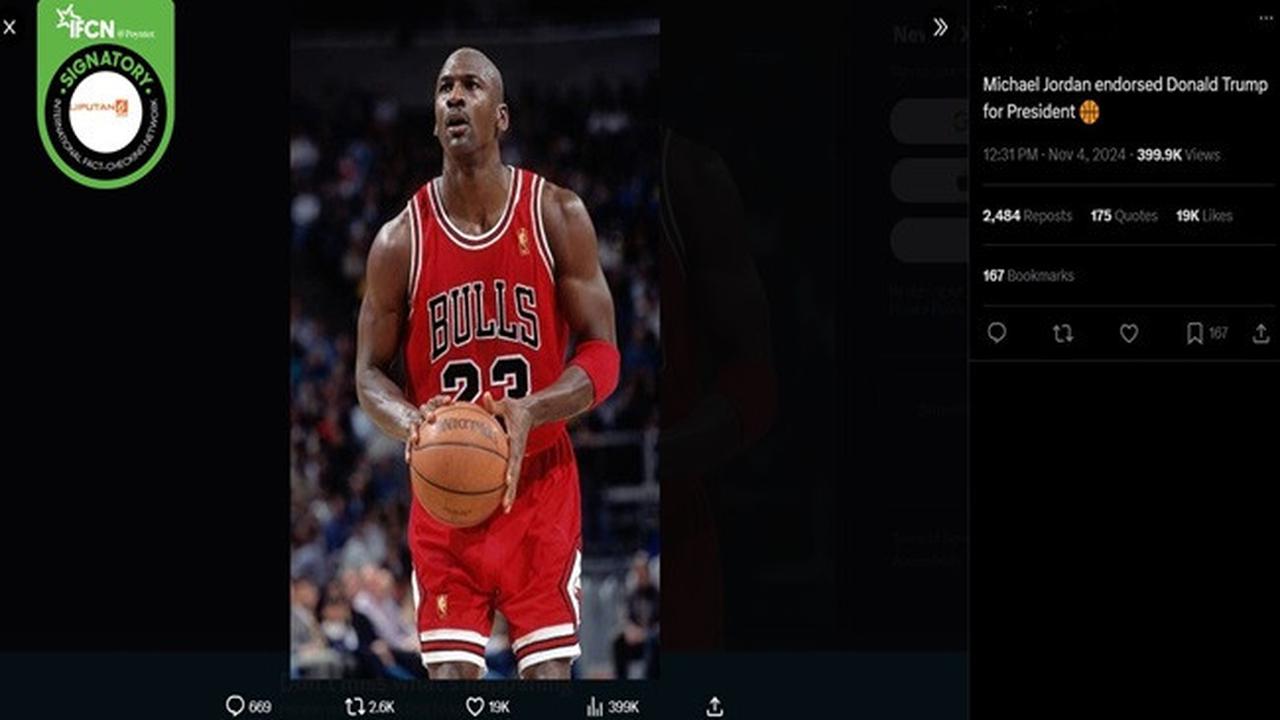 Gambar tangkapan layar kabar tentang legenda NBA, Michael Jordan memberikan dukungan kepada calon presiden Amerika Serikat, Donald Trump pada Pilpres 2024. (sumber X)