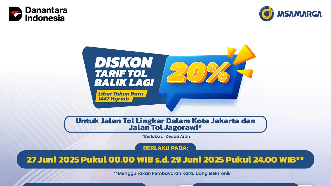 Diskon tarif tol 20% di 12 Ruas Tol Strategis Jasa Marga mulai 27 Juni 2025. (Foto: Jasa Marga)