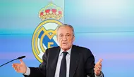 Presiden Real Madrid, Florentino Perez dalam konferensi pers di Madrid, 13 Mei 2026. (AP Photo/Bernat Armangue)