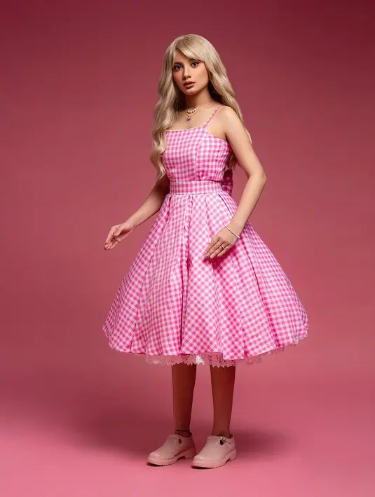 Pemeran Naimma Aljufri tak kalah menggemaskan berpose ala boneka Barbie mengenakan spaghetti strap dress bermotif kotak-kotak dengan wig pirangnya. [Foto: IG/naimmaljufri].